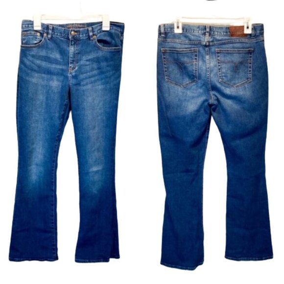 Lauren Ralph Lauren High Rise Flare Jeans Dark Wash Size 10 Whiskering Mid Rise